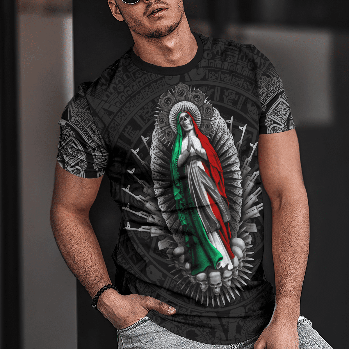 3D All Over Print Mexico Aztec T-Shirt/ Aztec Skull Maria With Gun Skull Unisex Shirt