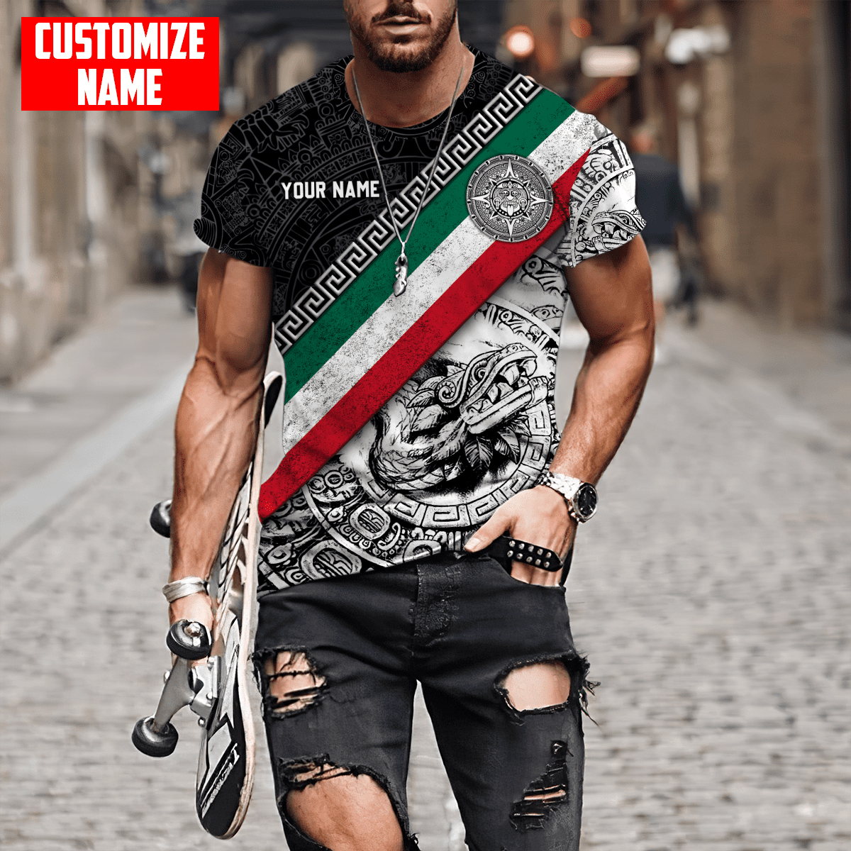 Personalized Mexican T-Shirt/ Mexico Aztec Line Quetzalcoatl Pattern Shirt/ Custom Name Mexico Flag 3D Shirt