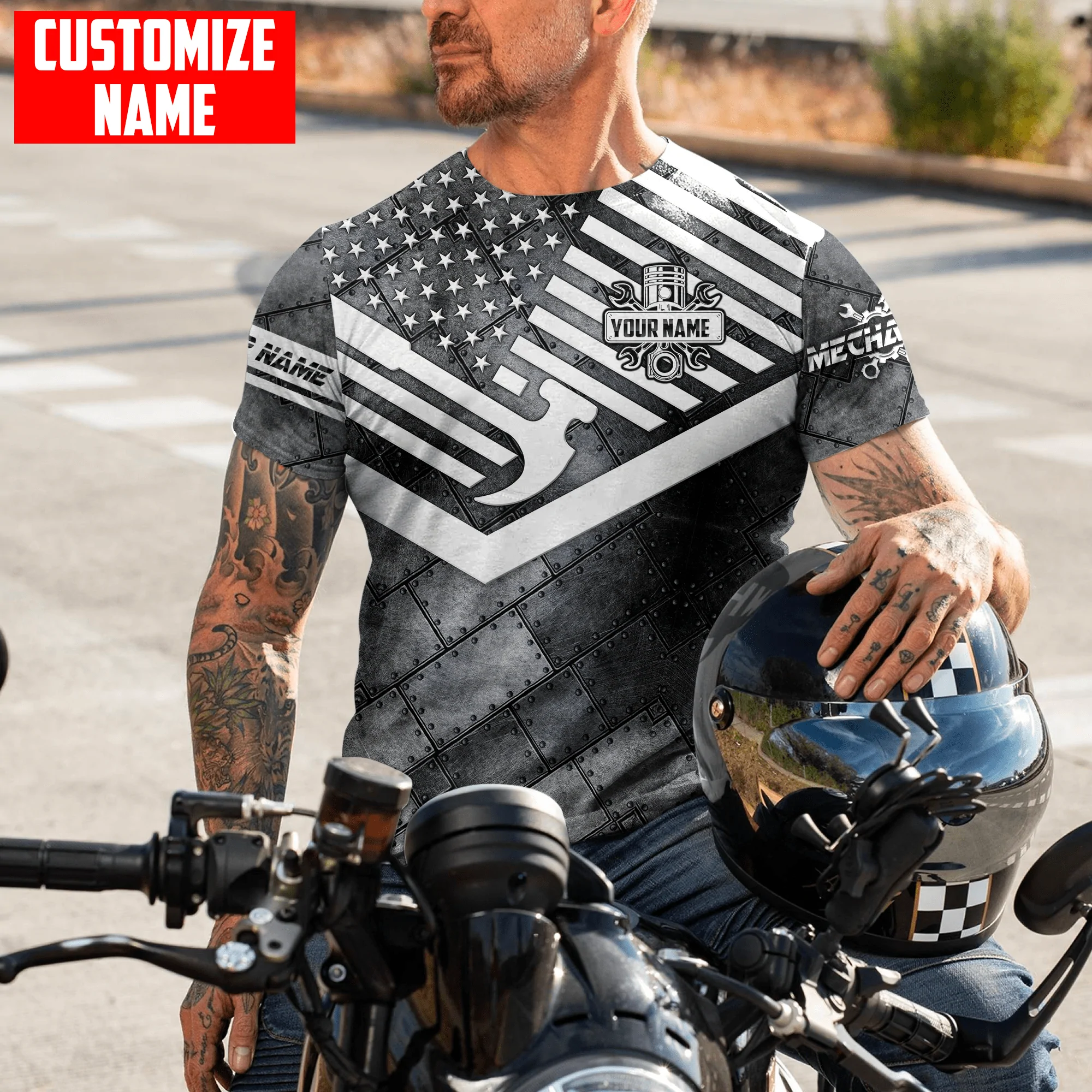 Custom With Name 3D Mechanic Tshirt American Flag Metal Pattern USA Mechanic Gifts