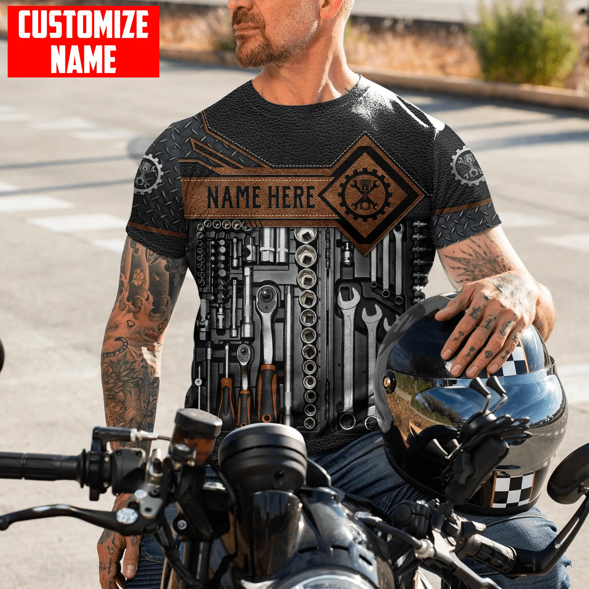 Personalized Name Mechanic Shirts Leather Metal Pattern Gift For Mechanician