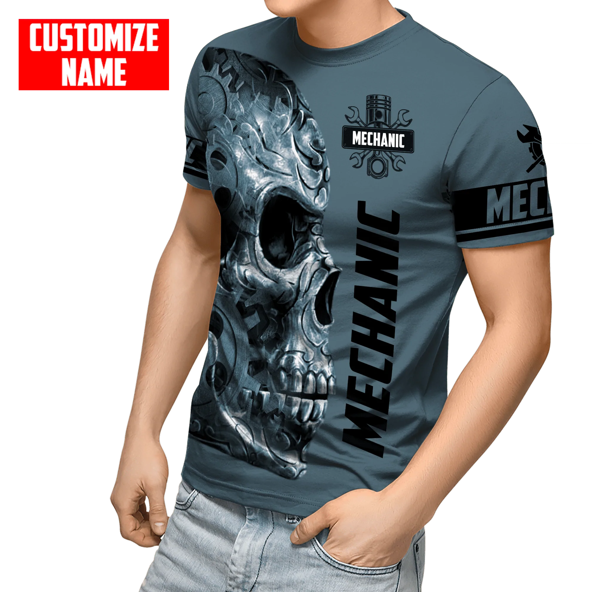 Personalized Name Mechanic Skull Tshirt Just The Tip I Promise Unisex Shirts Blue