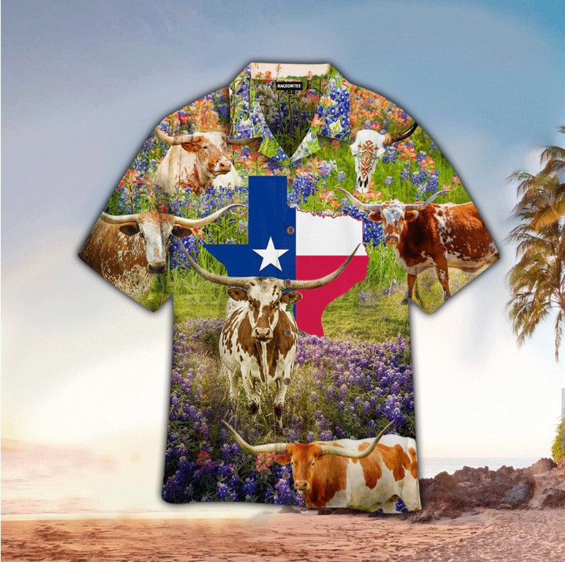 Texas Cow In Bluebonnet Field Hawaiian Shirt/ Hawaii Shirt Men/ Aloha Shirt