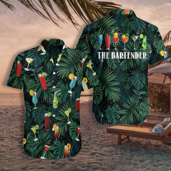 The Tropical Bartender Cocktails On Leaf Pattern Hawaiian Shirt