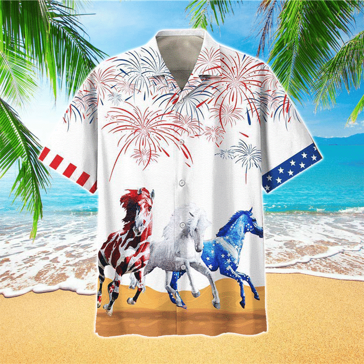 Three Running Horses Fireworks Hawaiian Shirt