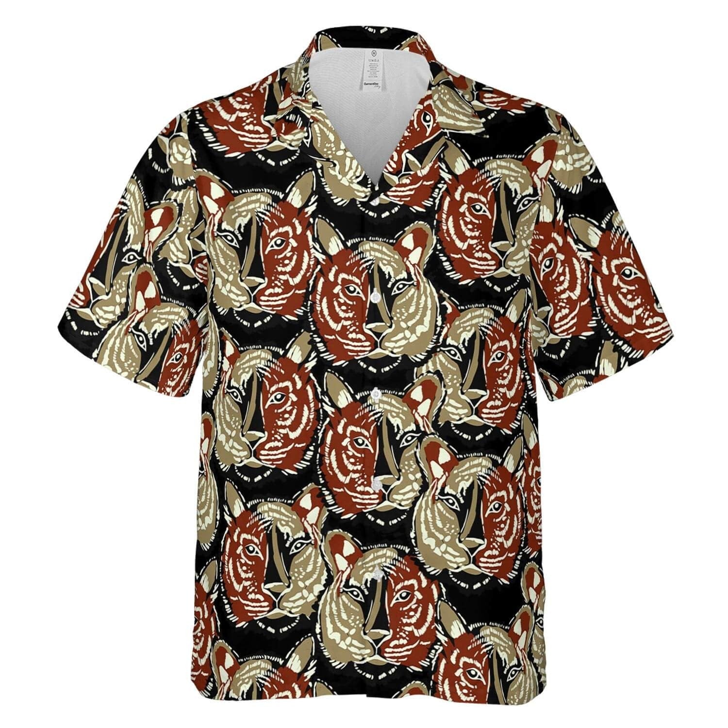 Hawaiian Camp Collar Short Sleeve Button-Down Hawaii Aloha Beach Shirt Tiger Faces