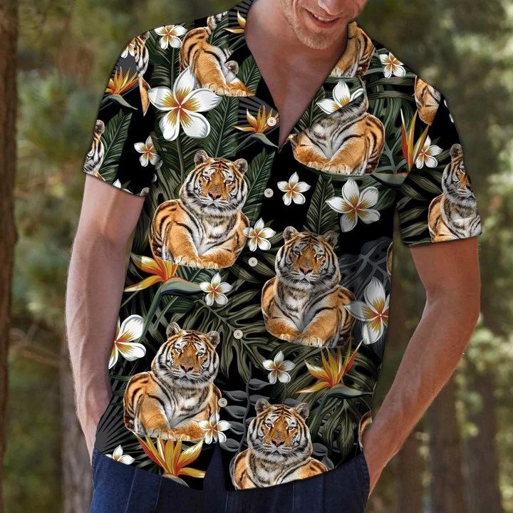 Tiger With Plumeria In Forest Hawaiian Shirt