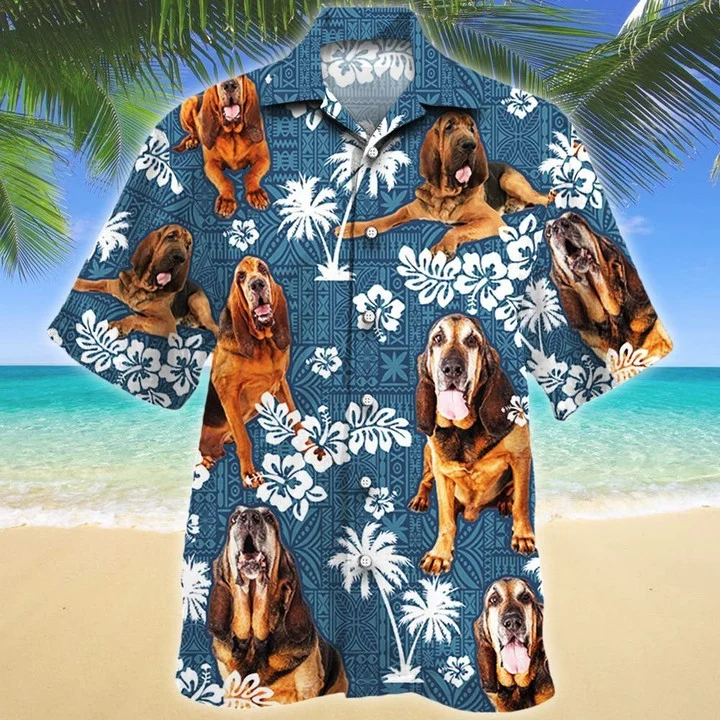 Tongue Out Bloodhound Dog Blue Tribal Hawaiian Shirt