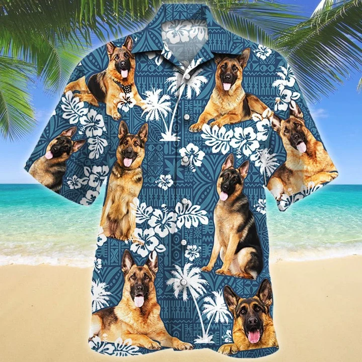 German shepherd shirts/ Tongue Out German Shepherd Dog Lovers Blue Tribal Pattern Hawaiian Shirt