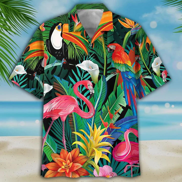 Toucan And Flamingo Ornamental Hawaiian Shirt/ Flamingo flower hawaii shirt