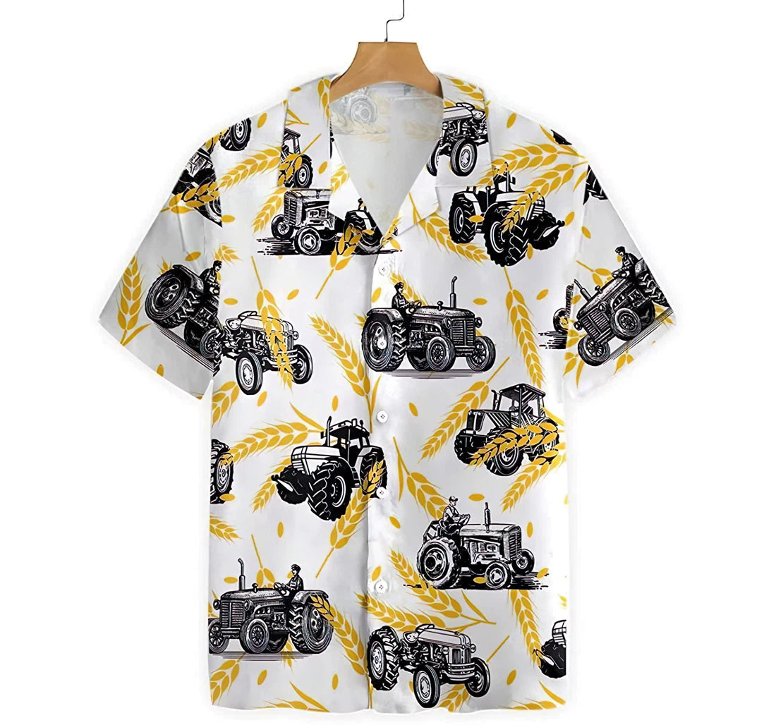 Tractors On Wheat Pattern Summer Clothes Hawaiian Shirt/ Button Up Aloha Shirt For Men/ Women