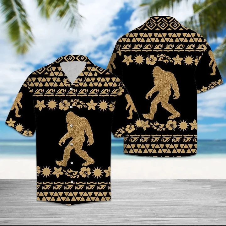 Tribal Golden Bigfoot Walking Into Forest Design Hawaiian Shirt