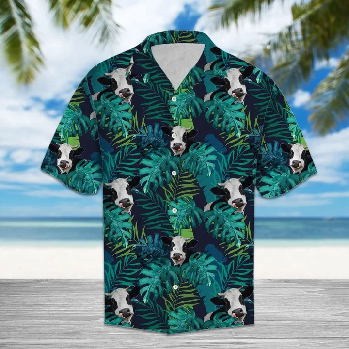 Tropical Cow Lost In Palm Leaves Jungle Summer Vacation Themed Hawaiian Shirt