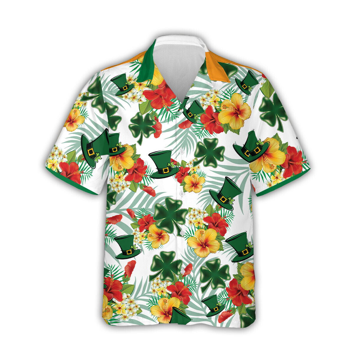 Tropical Hibiscus St Patrick''s Day Hawaiian Shirt Irish Shamrock 3D