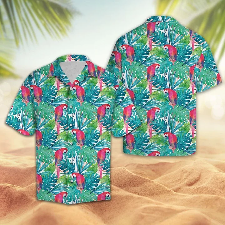 Tropical Parrot With Watercolor Leaves Hawaiian Shirt/ Summer aloha hawaii shirt for Men women