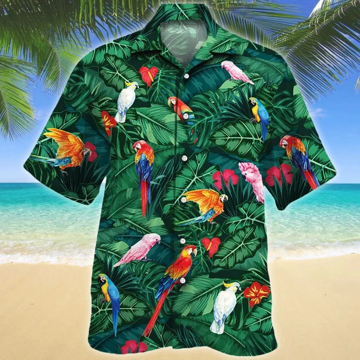 Tropical Parrots Dark Green Hawaiian Shirt/ Summer aloha hawaii shirt for Men women