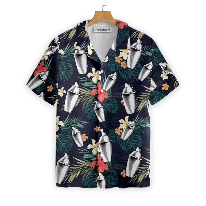 Tropical Pattern Bartender Hibiscus And Leaf Hawaiian Shirt