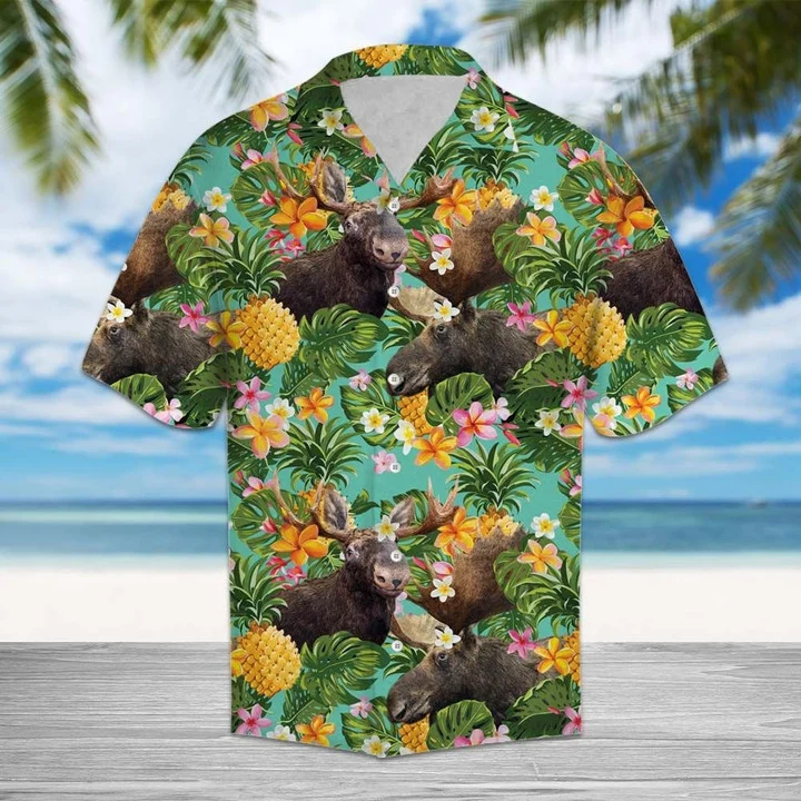 Tropical Pineapple With Moose Hawaiian Shirt