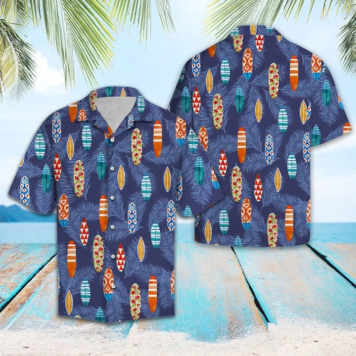 Tropical Surfboard Summer Beach Palm Tree Leaves Hawaiian Shirt