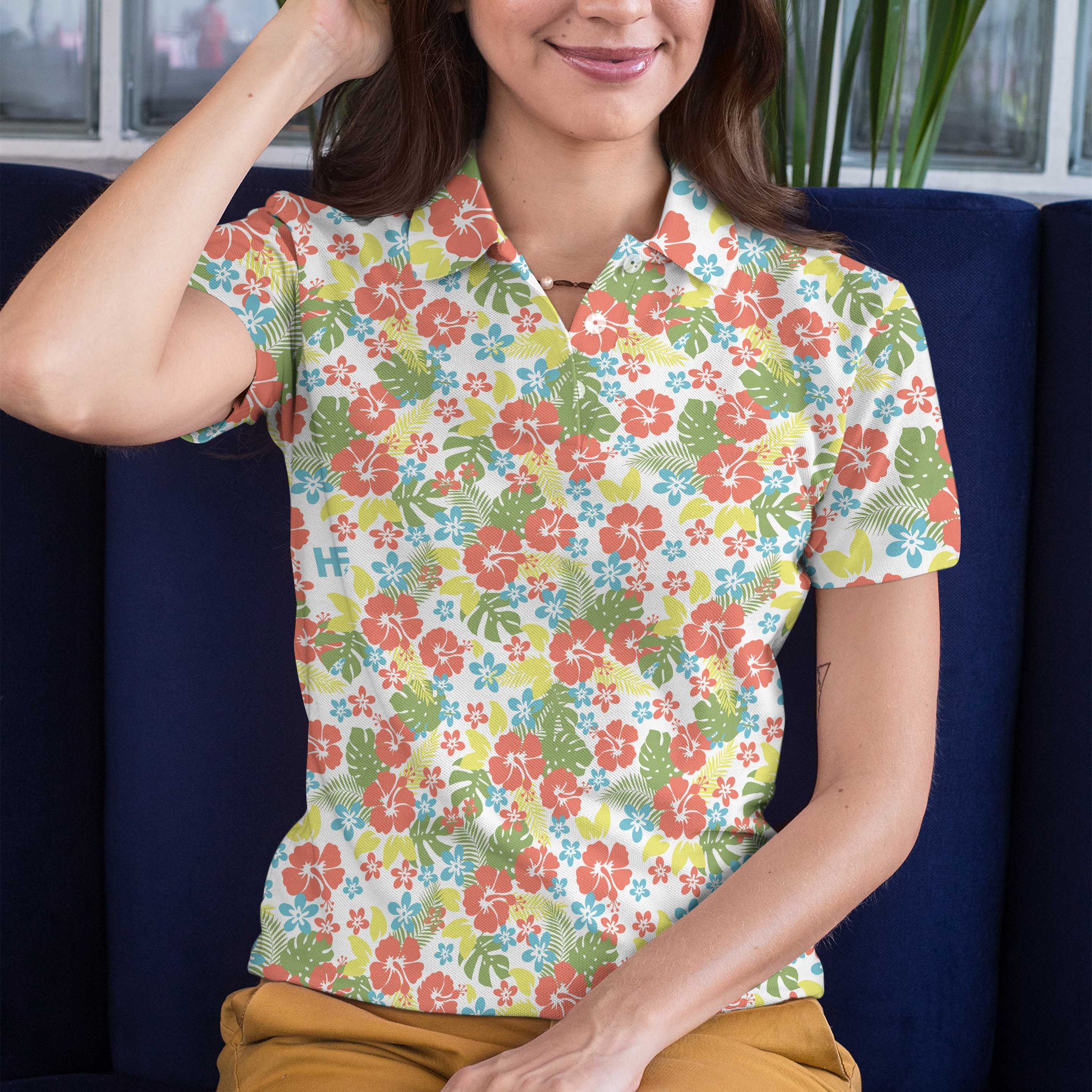 Tropical Flowers Pattern Short Sleeve Women Polo Shirt Coolspod