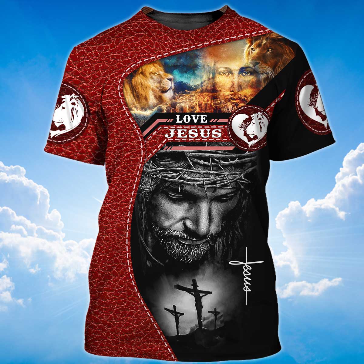 3D All Over Print Love Jesus Tee Shirt Men Women Red Leather Pattern