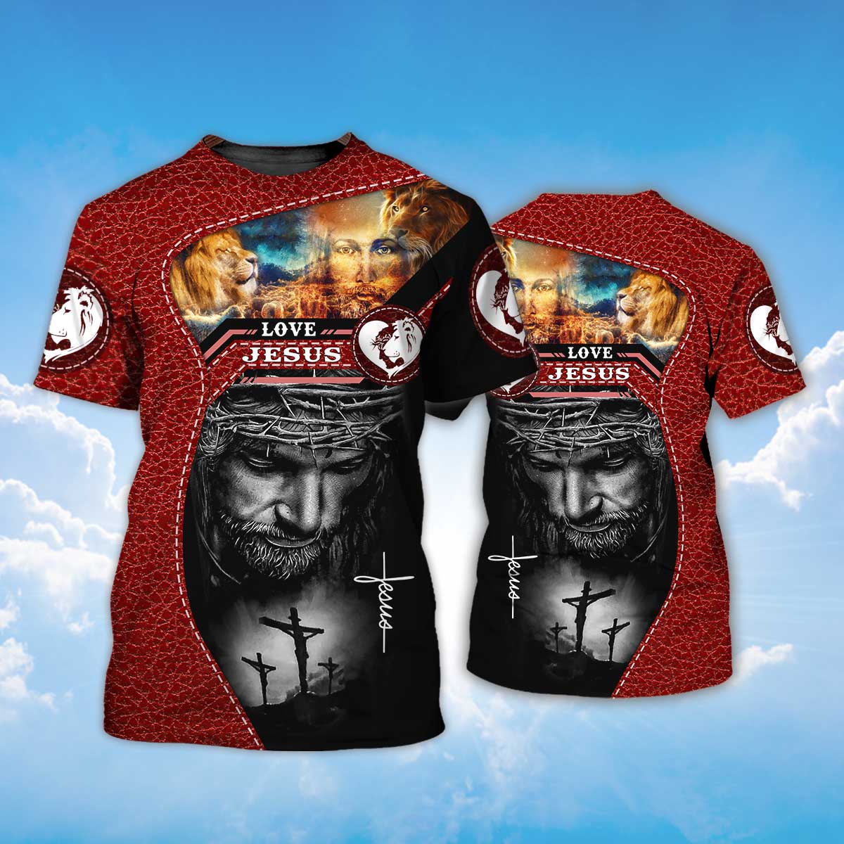 3D All Over Print Love Jesus Tee Shirt Men Women Red Leather Pattern