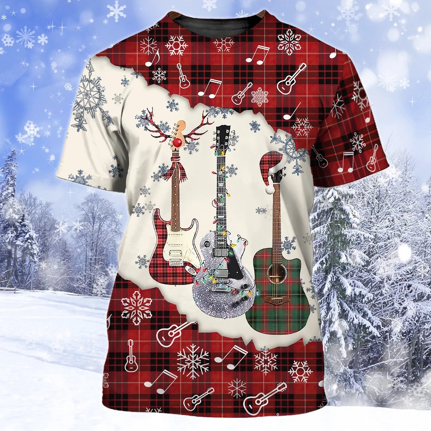 3D All Over Print Guitar Snow Hoodie Men Women/ Guitar Hawaiian Shirt Shirt Sleeve/ Christmas Gift For Guitarist
