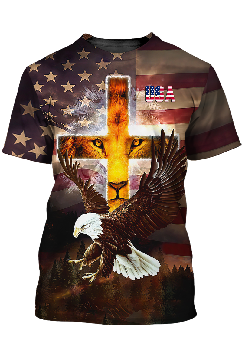 3D All Over Printed Lion Cross T Shirt Eagle And Usa Strong Shirt For Patriotic Day