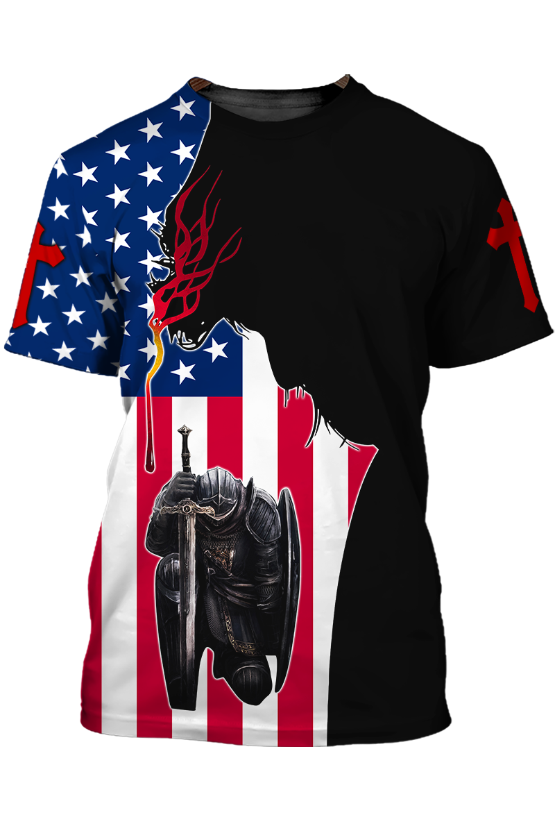 One Nation Under God Tshirt American Flag Knight Jesus Christian Tshirt