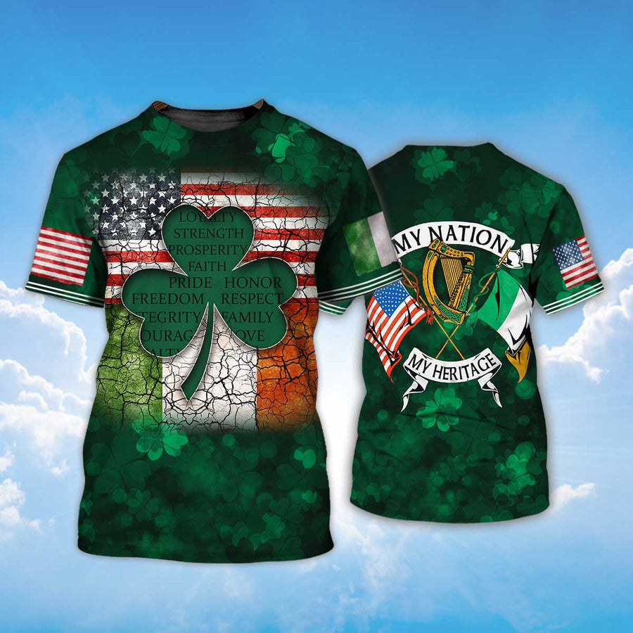 Shamrock Flag American Ireland Irish 3D Shirt/ My Nation My Heritage T-Shirt/ St Patrick
