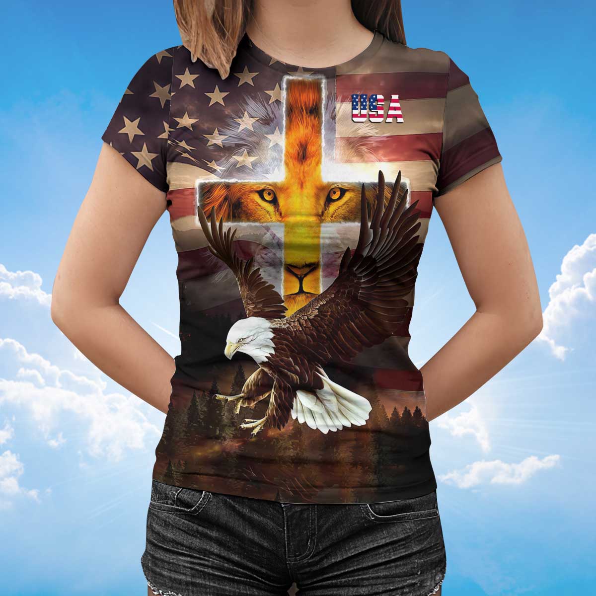 3D All Over Printed Lion Cross T Shirt Eagle And Usa Strong Shirt For Patriotic Day