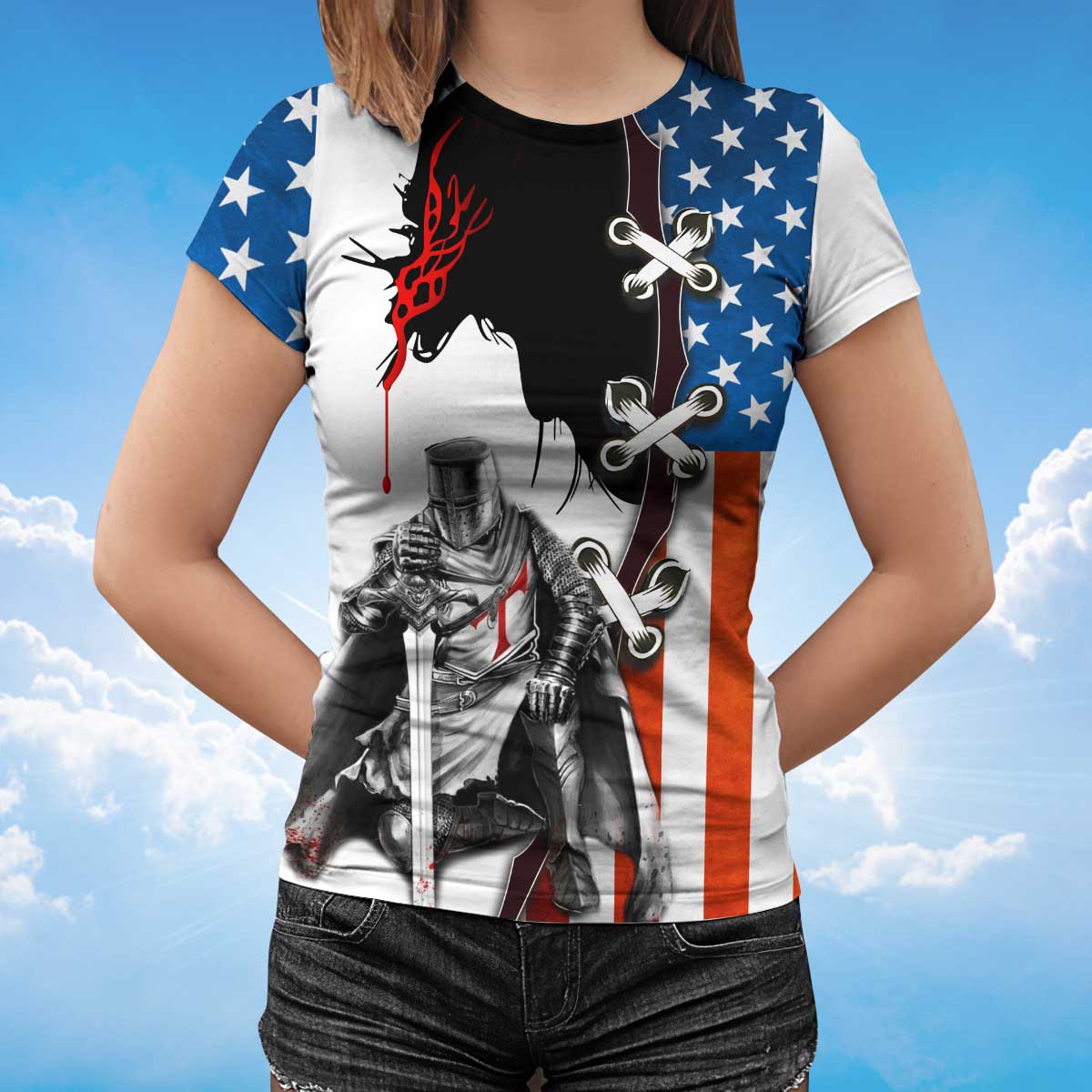 Knight Templar Tshirt Religious 3D Tee Shirt American Flag Pattern