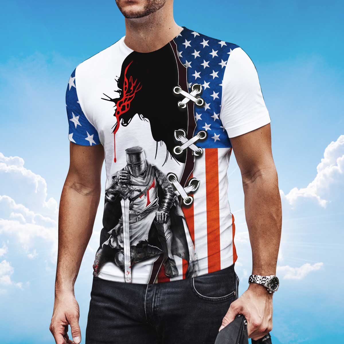 Knight Templar Tshirt Religious 3D Tee Shirt American Flag Pattern