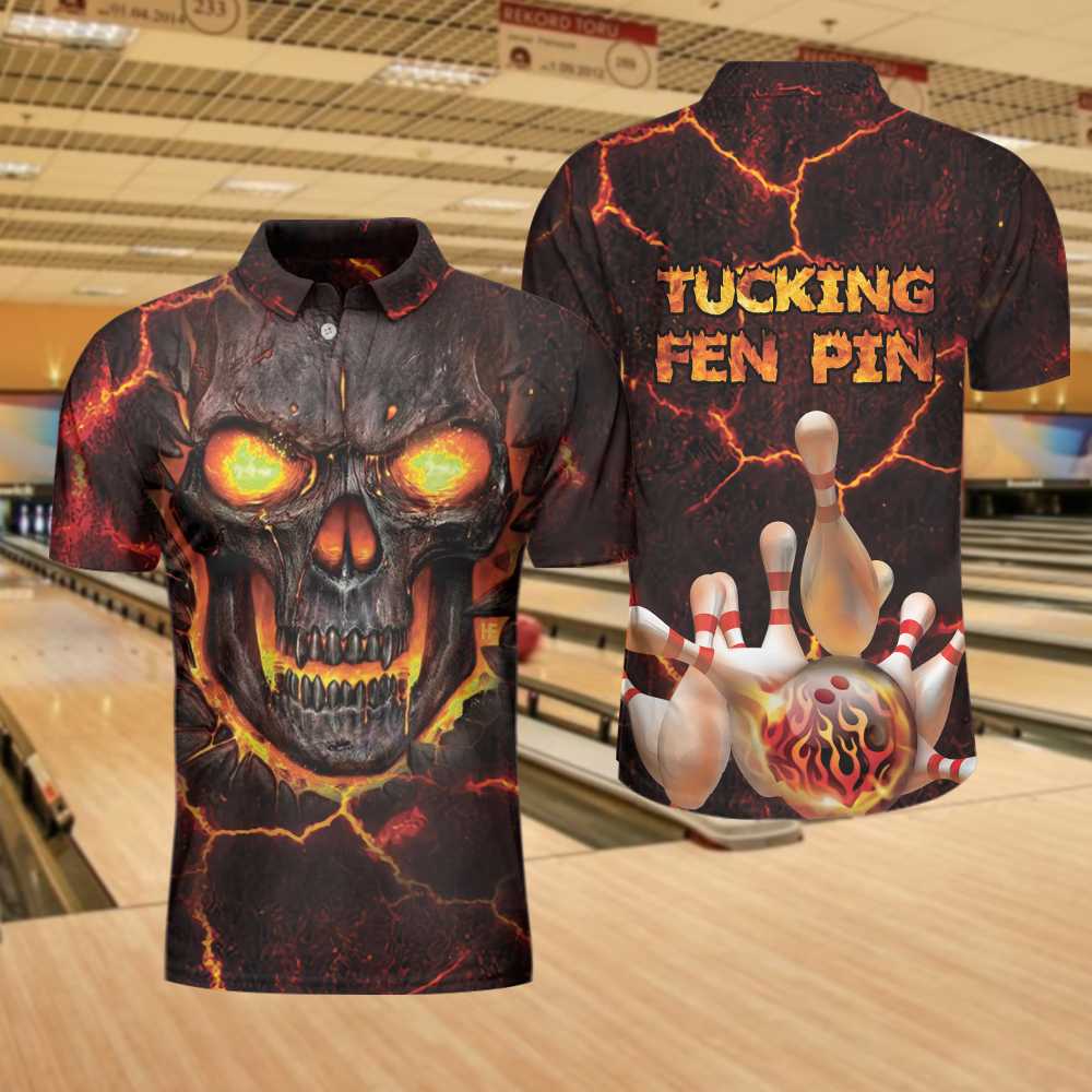Tucking Fen Pin Polo Shirt/ Skull Bowling Polo Shirt Design/ Scary Halloween Gift For Bowling Lovers Coolspod