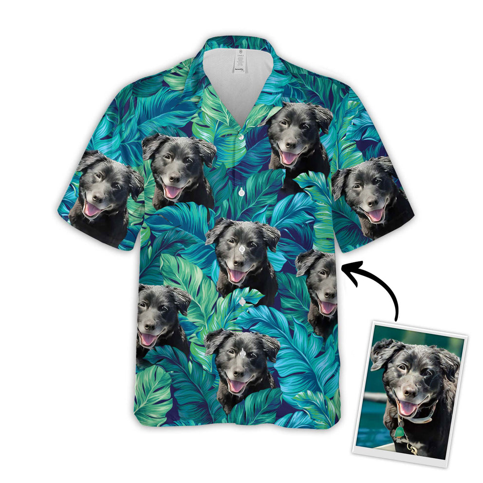 Turquoise And Blue Tropical Leaves Pattern Short-Sleeve Hawaiian Shirt/ Personalized Photo Dog Hawaiian Shirt