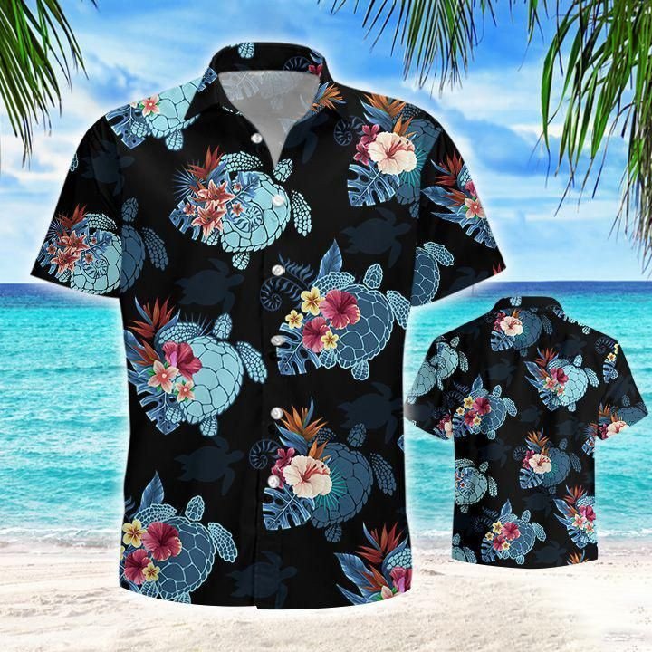 Turtle Flower Tropical Dark Theme Hawaiian Shirt