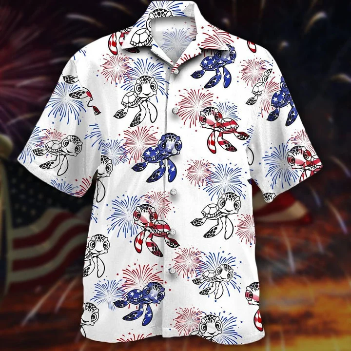 Turtles And Fireworks White Theme Hawaiian Shirt