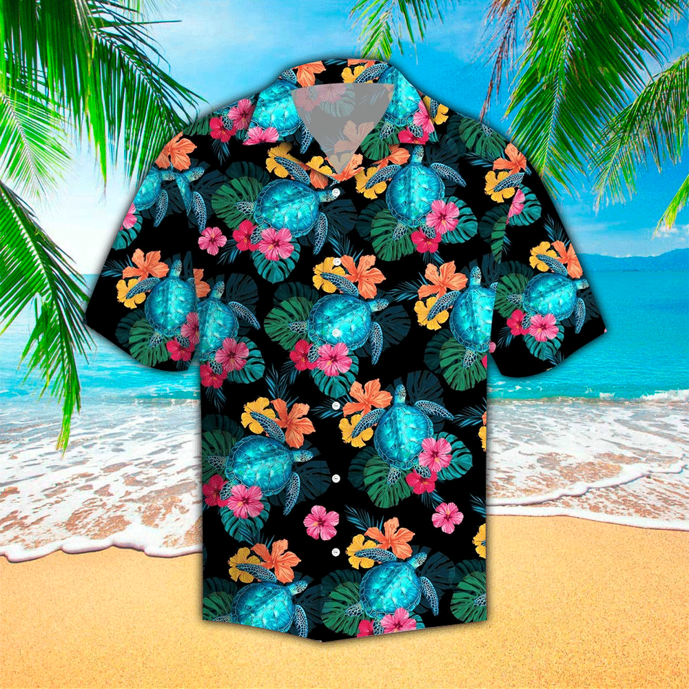 Turtles Hibiscus Tropical Polyester Hawaiian Shirt
