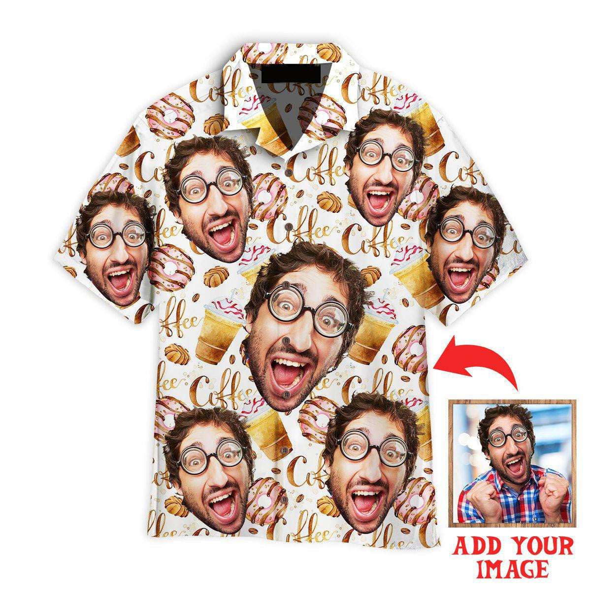 Funny Face And Coffee Seamless Custom Hawaiian Shirt/ Personalized Hawaiian Shirts/ Custom Photo Hawaiian Shirt