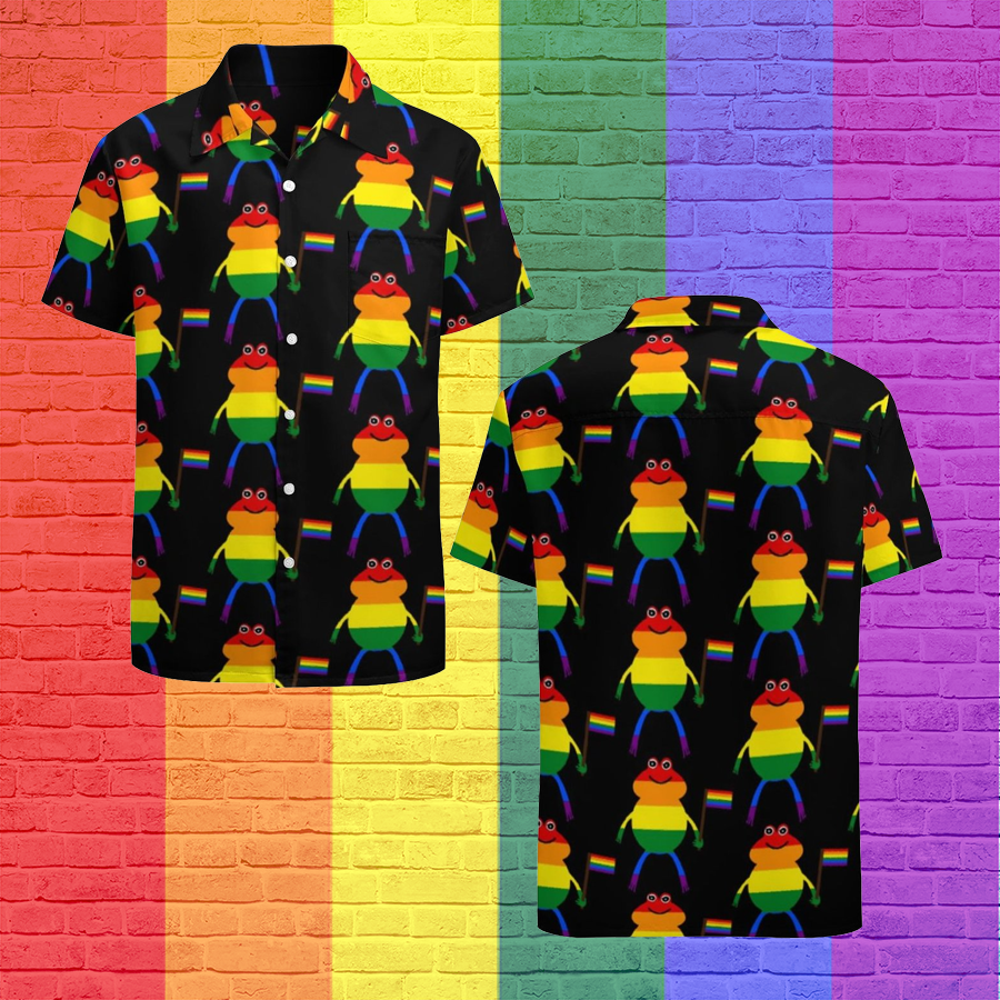 Lgbt Frog Holding Pride Flag Hawaiian Vintage Shirt Mens Button Down Plus Size Tropical Hawaii Beach Shirts