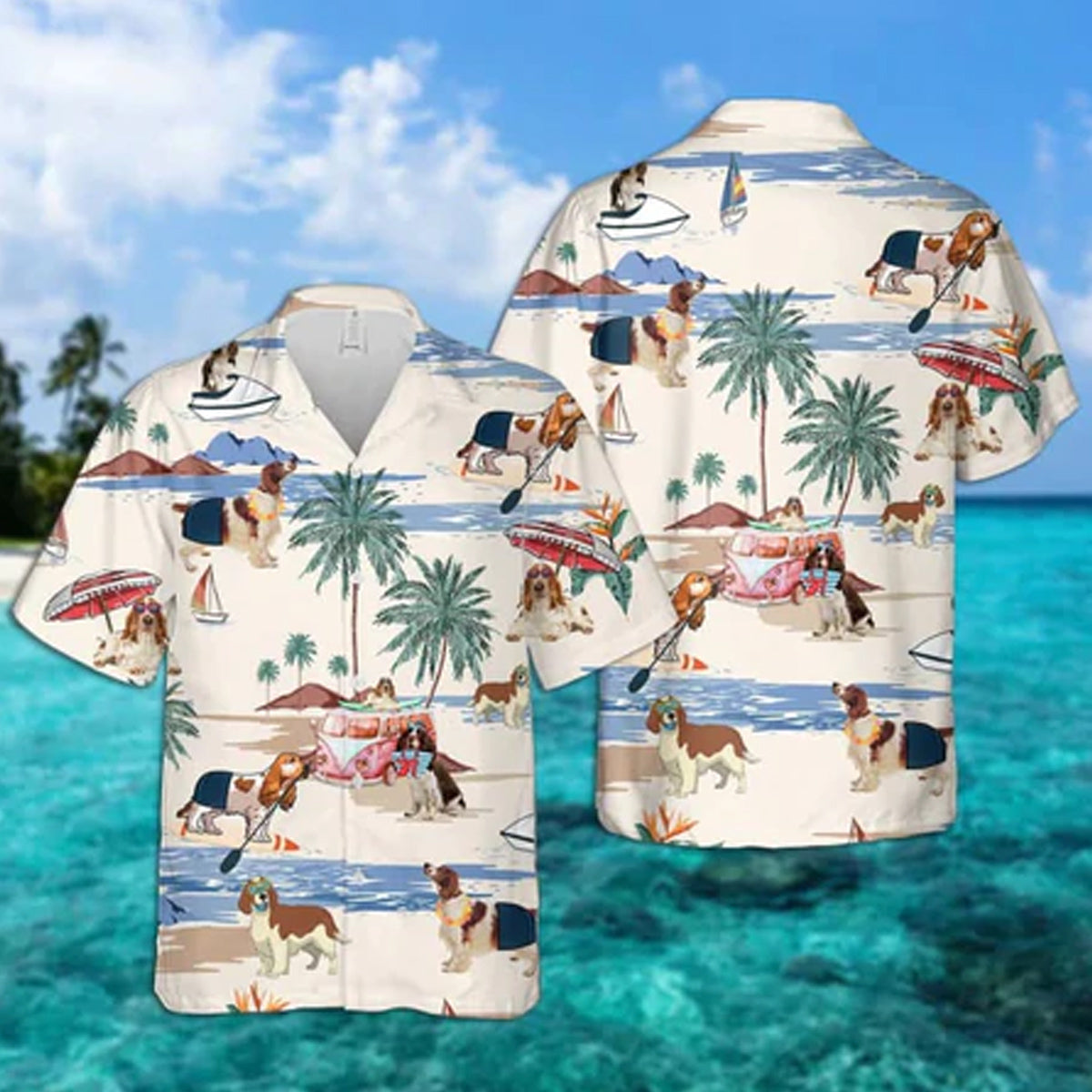 Welsh Springer Spaniel Summer Beach Hawaiian Shirt/ Hawaiian Shirts for Men Short Sleeve Aloha Beach Shirt