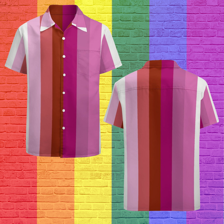 Lesbian Pride Flag Lgbt Vertical Stripe Hawaiian Vintage Shirt Mens Button Down Plus Size Tropical Hawaii Beach Shirts