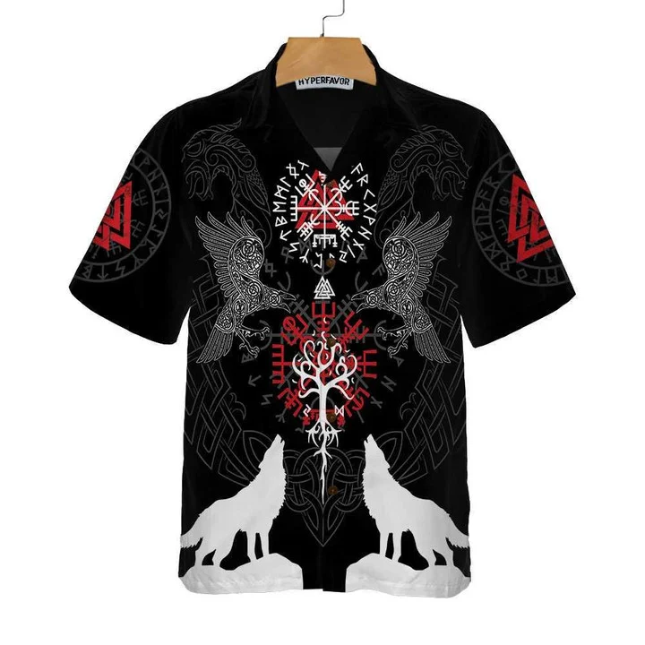 Viking Raven And Wolf White Silhouette Hawaiian Shirt