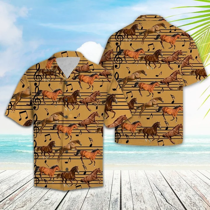 Vintage Brown Horse Love Music Notes Pattern Hawaiian Shirt