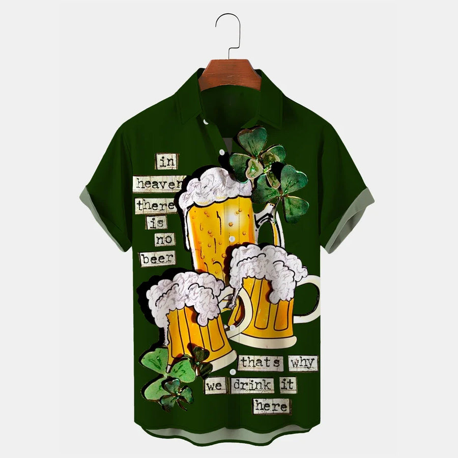 Vintage St. Patrick''s Day Green Shamrock Beer Breast Pocket Hawaiian Shirt