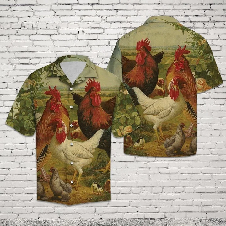 Vintage Style Chicken Farm Happy Animal Art Hawaiian Shirt