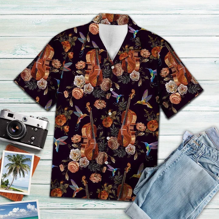 Vintage Style Violin And Hummingbird Blossom Pattern Hawaiian Shirt