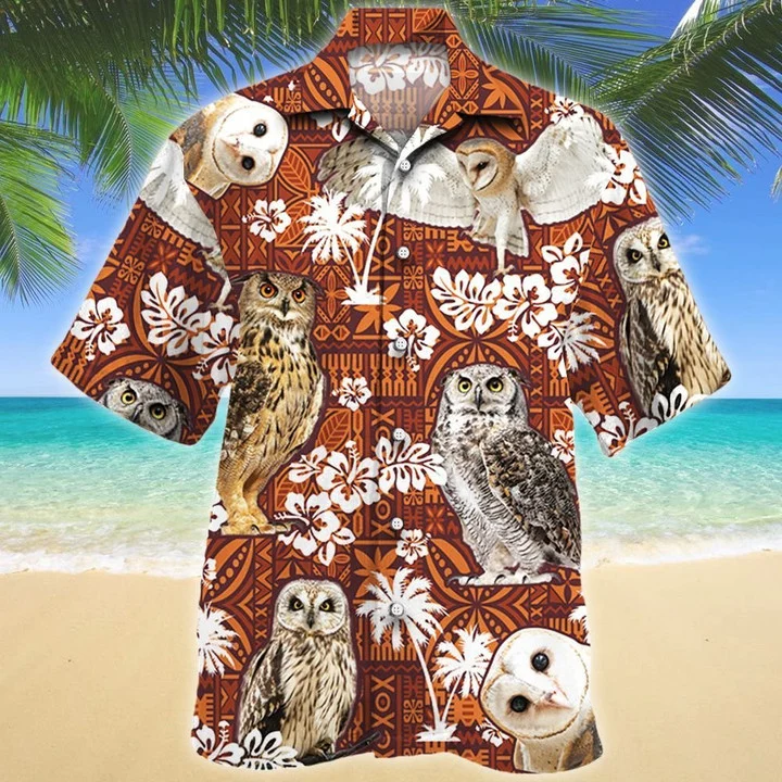 Vintage Themed Of Night Owl Red Tribal Pattern Hawaiian Shirt