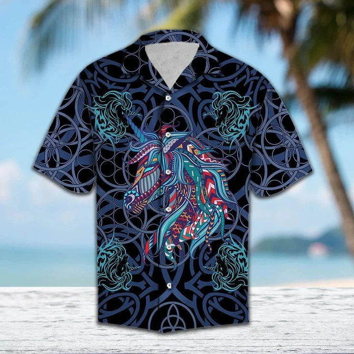 Vivid Colorful Unicorn Blue Mandala Art Pattern Hawaiian Shirt