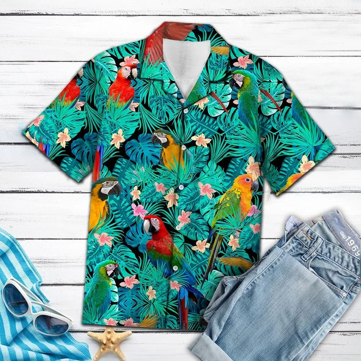 Parrot hawaii shirt for men/ Vivid Parrot Tropical Palm Leaves Summer Vacation Gift Ideal Hawaiian Shirt