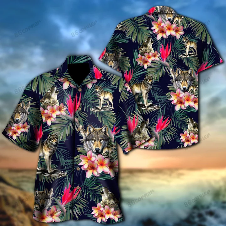 Wolf Hawaii Shirt/ Summer aloha shirt/ Gift for summer